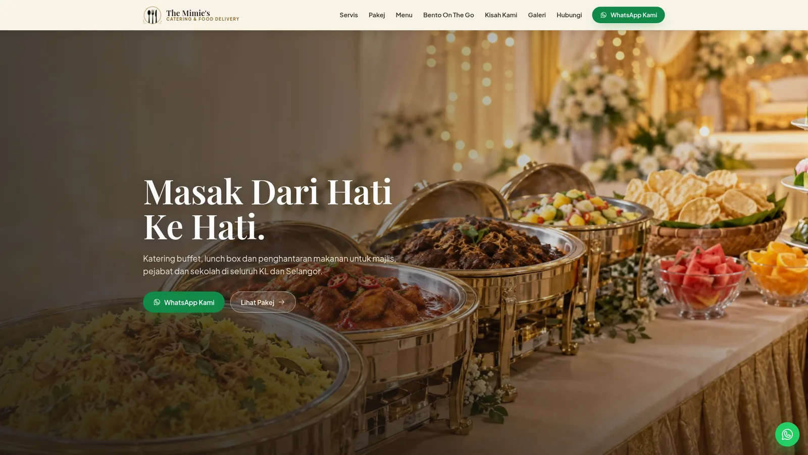 The Mimie's Catering website, hero with a buffet spread